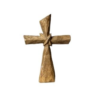 Vintage Hand Carved Wooden Cross Brooch Pin Signed Religious Jewelry